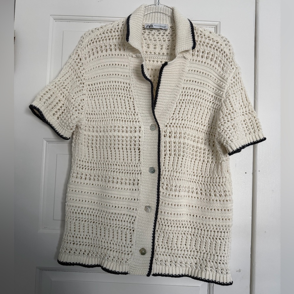 ZARA Cream Crochet Knit Short Sleeve Cardigan Top | Button Front Boho - Picture 4 of 9